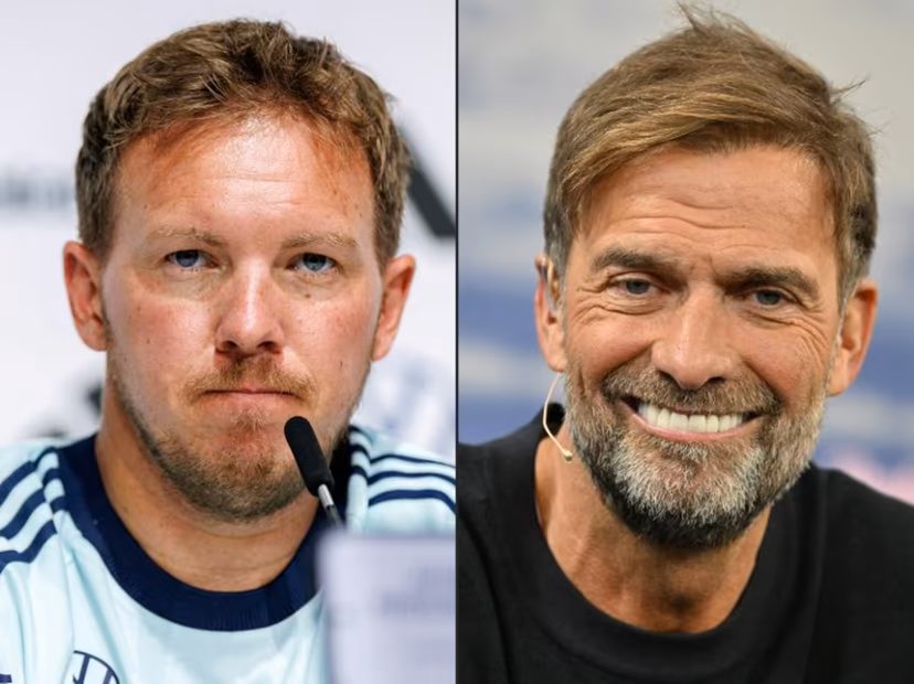 (COMBO) This combination of pictures created in Berlin, Germany on July 3, 2026 shows then Germany's head coach Julian Nagelsmann (L) addressing a press conference on May 27, 2026 in Herzogenaurach and Jurgen Klopp, Red Bull's then new "Global Head of Soccer", smiling during a press presentation in Salzburg, Austria on January 14, 2025. Jurgen Klopp has told the German FA (DFB) he is "fundamentally willing" to take over as Germany coach after Julian Nagelsmann handed in his resignation, the DFB confirmed on July 3, 2026. KERSTIN JOENSSON, Daniel Karmann / AFP