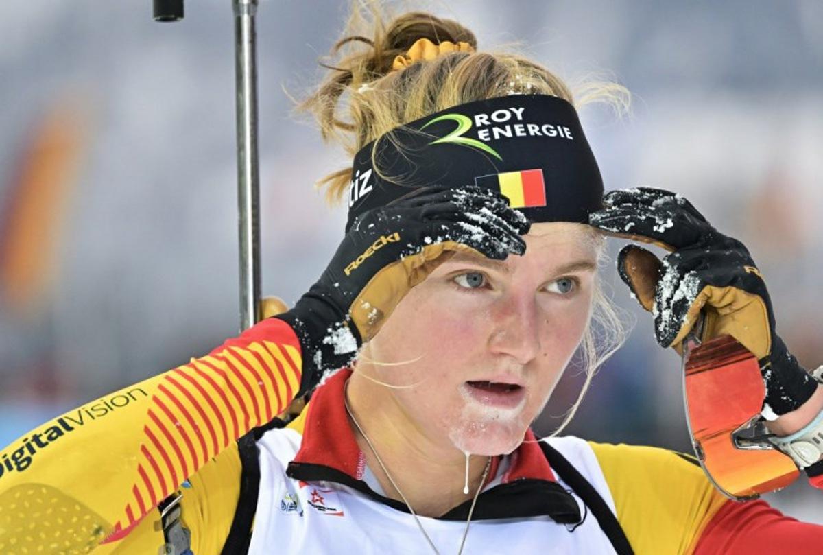 Belgium's Maya Cloetens reacts after the women's 7,5 km sprint event of the IBU Biathlon World Cup in Hochfilzen, Austria, on December 8, 2023. Joe Klamar / AFP