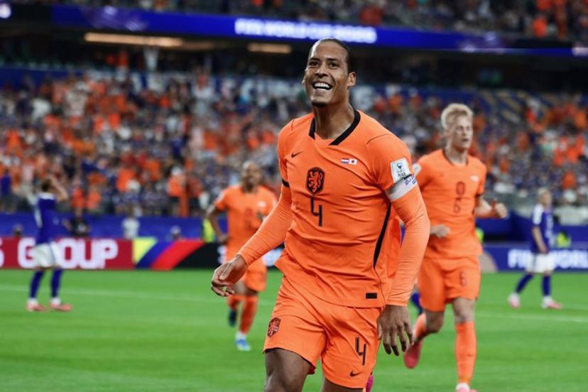 Netherlands' defender #04 Virgil van Dijk celebrates after scoring the opening goal during the 2026 World Cup Group F football match between the Netherlands and Japan at the Dallas Stadium in Arlington on June 14, 2026. Aric Becker / AFP