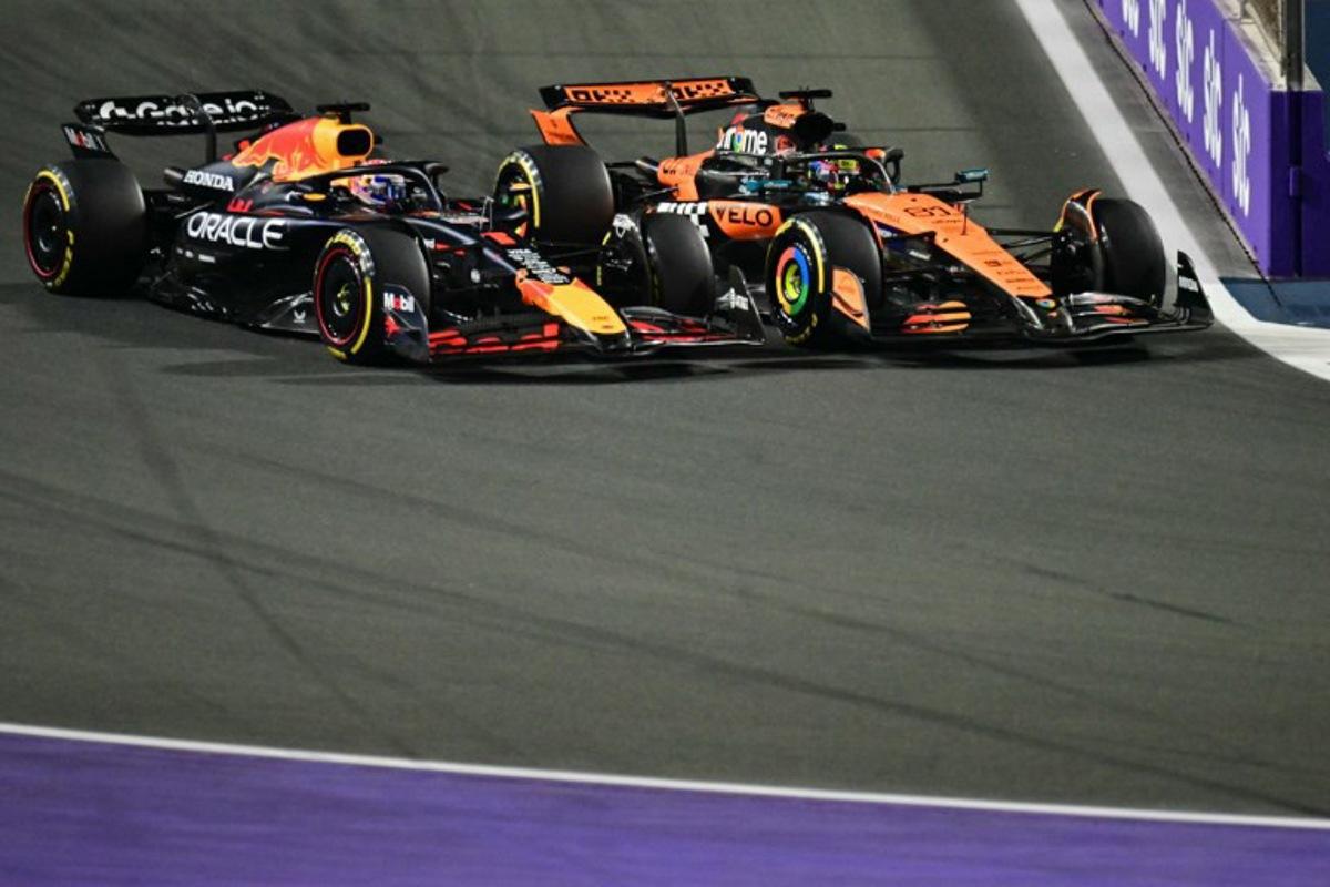 Red Bull Racing's Dutch driver Max Verstappen and McLaren's Australian driver Oscar Piastri race during the 2025 Saudi Arabia Formula One Grand Prix at the Jeddah Corniche Circuit on April 20, 2025. Giuseppe CACACE / AFP