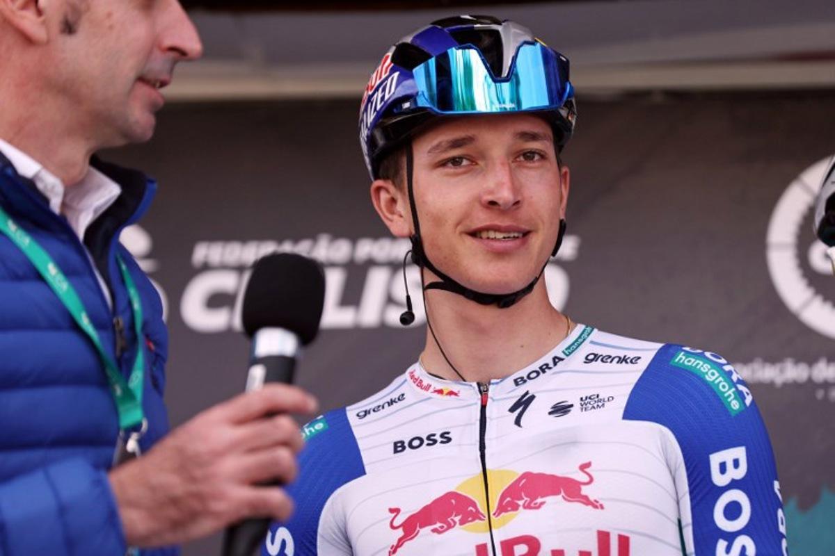 UCI WorldTeam Red Bull-Bora-Hansgrohe German cyclist Florian Lipowitz is pictured during the team presentation, ahead of the first stage of the 52nd edition of the Volta ao Algarve, a 183.5 km race between Vila Real de Santo Antonio and Tavira on February 18, 2026. João Matos / AFP