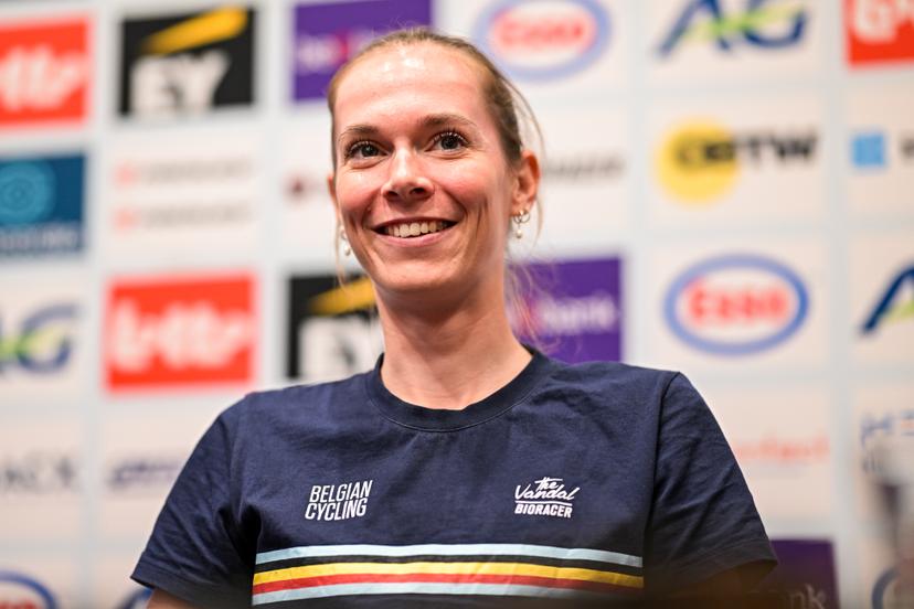 Belgian Sandrine Tas is pictured during a press conference ahead of the cycling European Championships, in Ljubljana, Slovenia, Friday 2 October 2026. The UEC road championships are taking place from 03 to 07 October. BELGA PHOTO DAVID PINTENS
