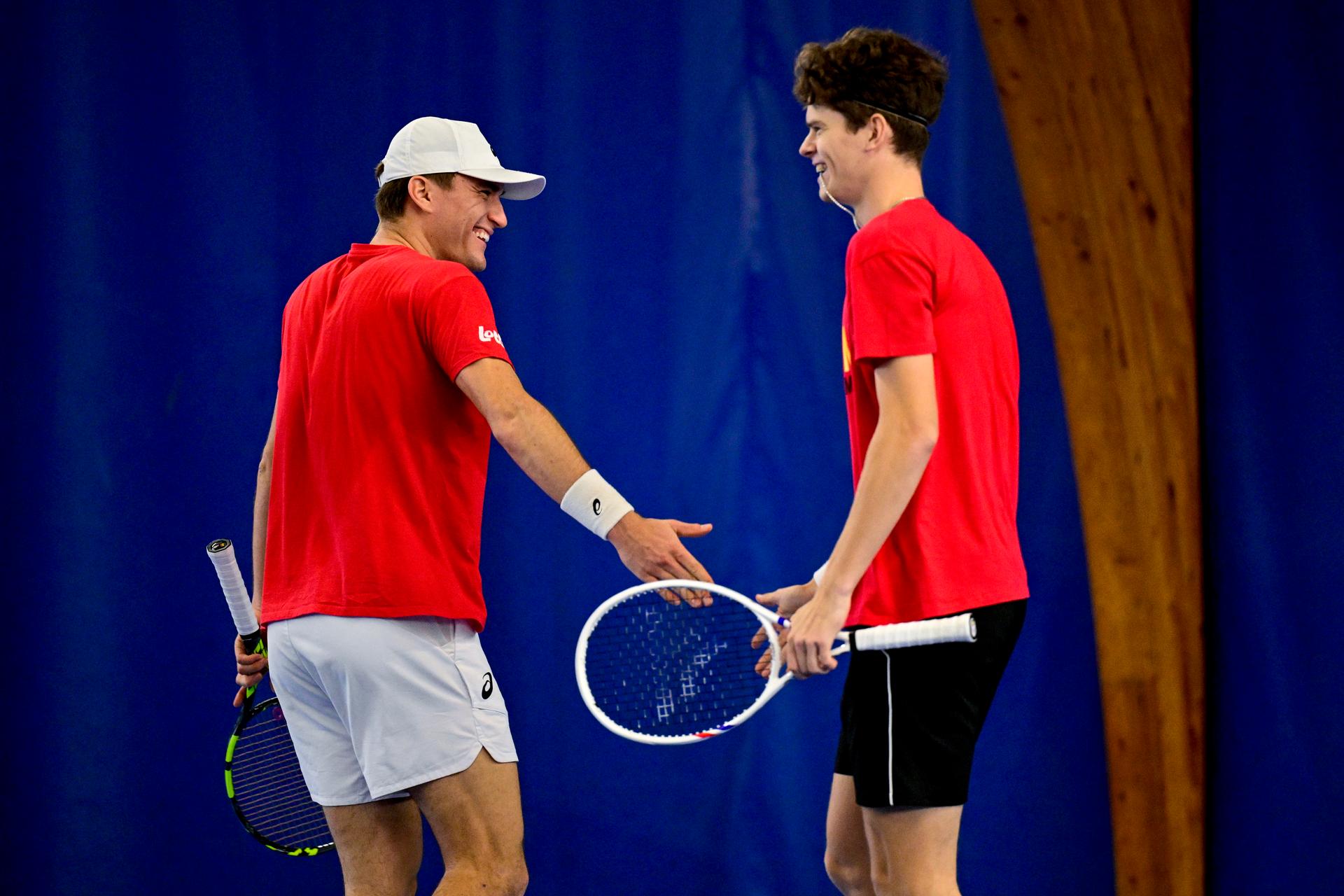 Belgian Raphael Collignon and Belgian Alexander Blockx pictured during an open training session of the Belgian Davis Cup team ahead of the Davis Cup Finals (November 18-23), in Wilrijk, on Wednesday 12 November 2025. BELGA PHOTO DIRK WAEM