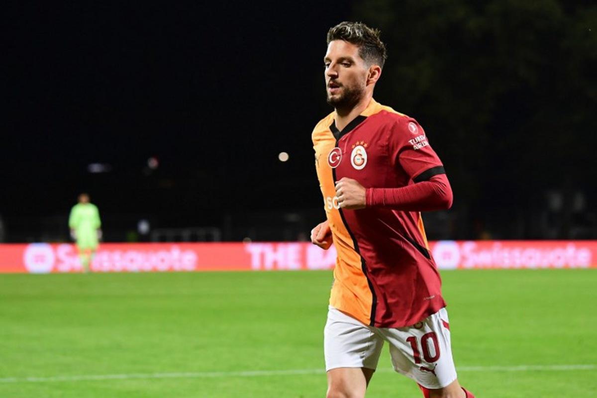 Galatasaray's Belgian forward #10 Dries Mertens reacts during the UEFA Europa League football match between FK RFS and Galatasaray in Riga, Latvia on October 3, 2024. GINTS IVUSKANS / AFP