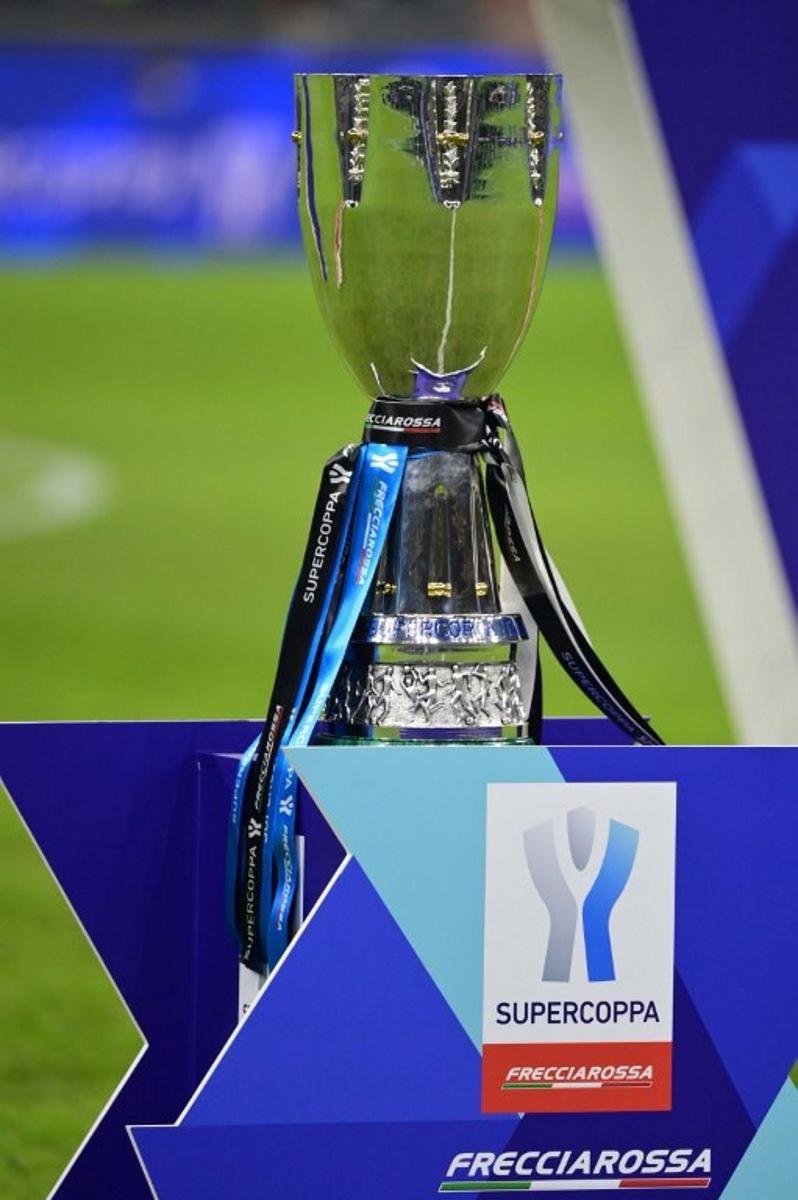 The winner's trophy is displayed prior to the Italian Super Cup (Supercoppa italiana) football match between Inter and Juventus on January 12, 2022 at the San Siro stadium in Milan. MIGUEL MEDINA / AFP