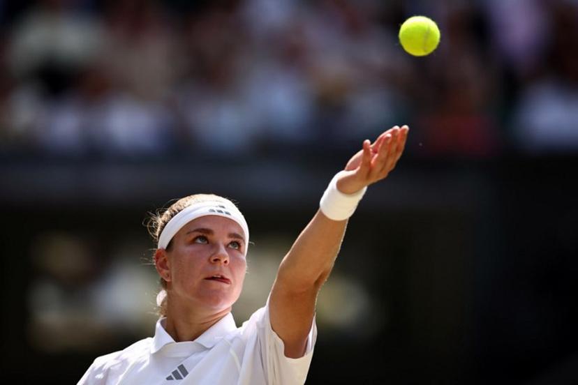 Czech Republic's Karolina Muchova serves to US player Coco Gauff during their women's singles semi-final tennis match on the eleventh day of the 2026 Wimbledon Championships at The All England Lawn Tennis and Croquet Club in Wimbledon, southwest London, on July 9, 2026. Henry Nicholls / AFP