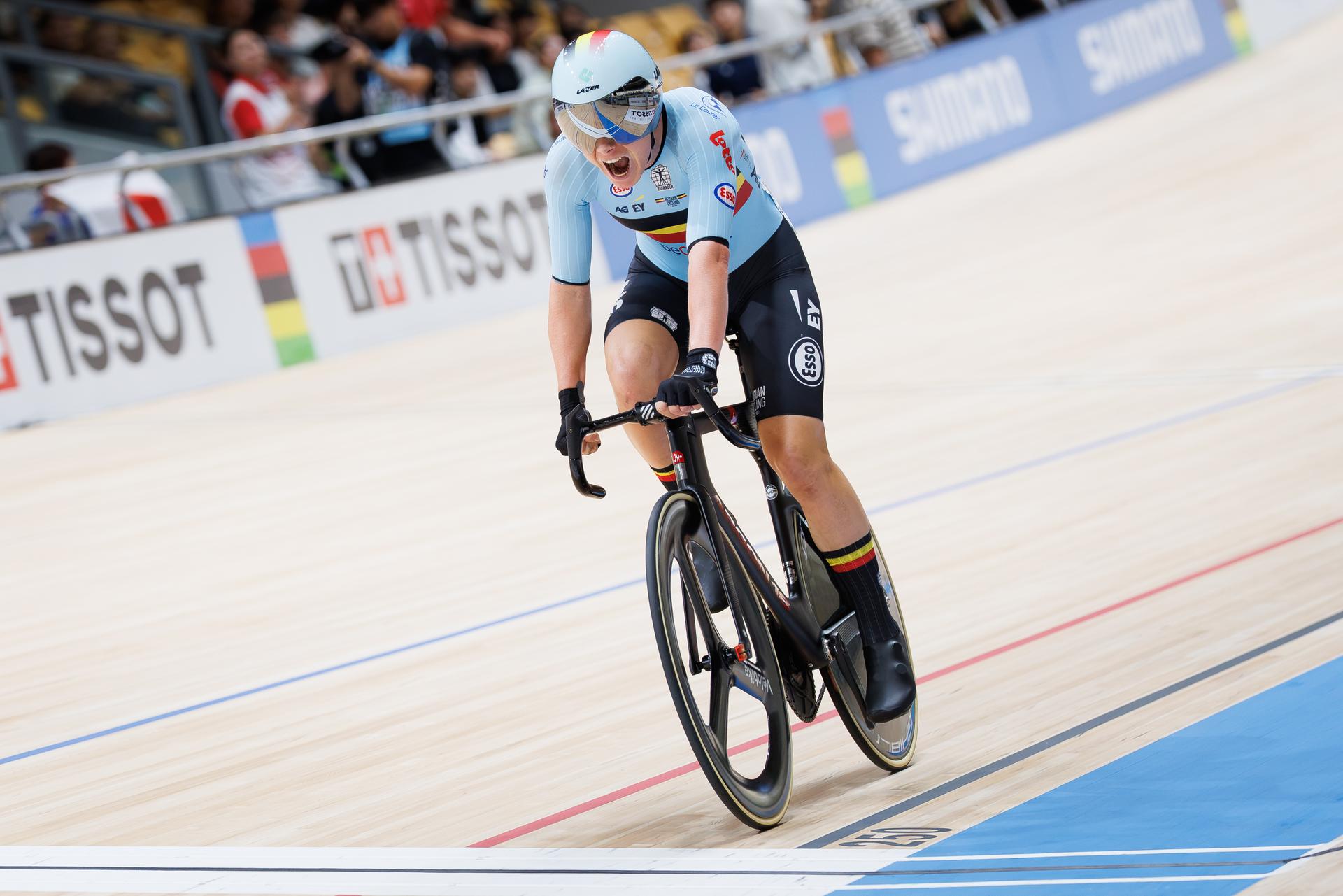 Belgian Lotte Kopecky, winner of the gold medal celebrates after the Women's Elimination event at the UCI Track Cycling World Championships in Shanghai, China on Thursday 15 October 2026. The worlds are taking place from 14 to 18 October 2026. BELGA PHOTO BENOIT DOPPAGNE