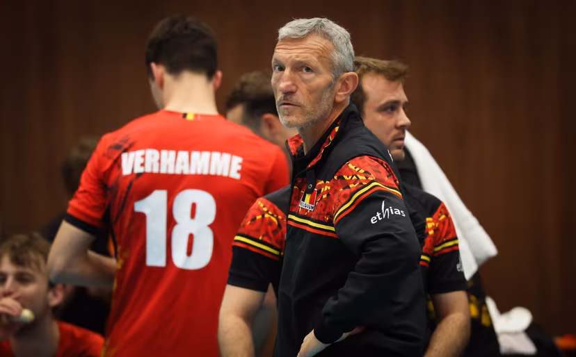 Belgium's head coach Emamuele Zanini pictured during a volleyball match between Belgium's national men's volleyball team, the Red Dragons, and the Azeri national men's volleyball team, in match 3/6 of the League Round of the European Golden League men, in Beveren, Friday 24 May 2024. BELGA PHOTO VIRGINIE LEFOUR