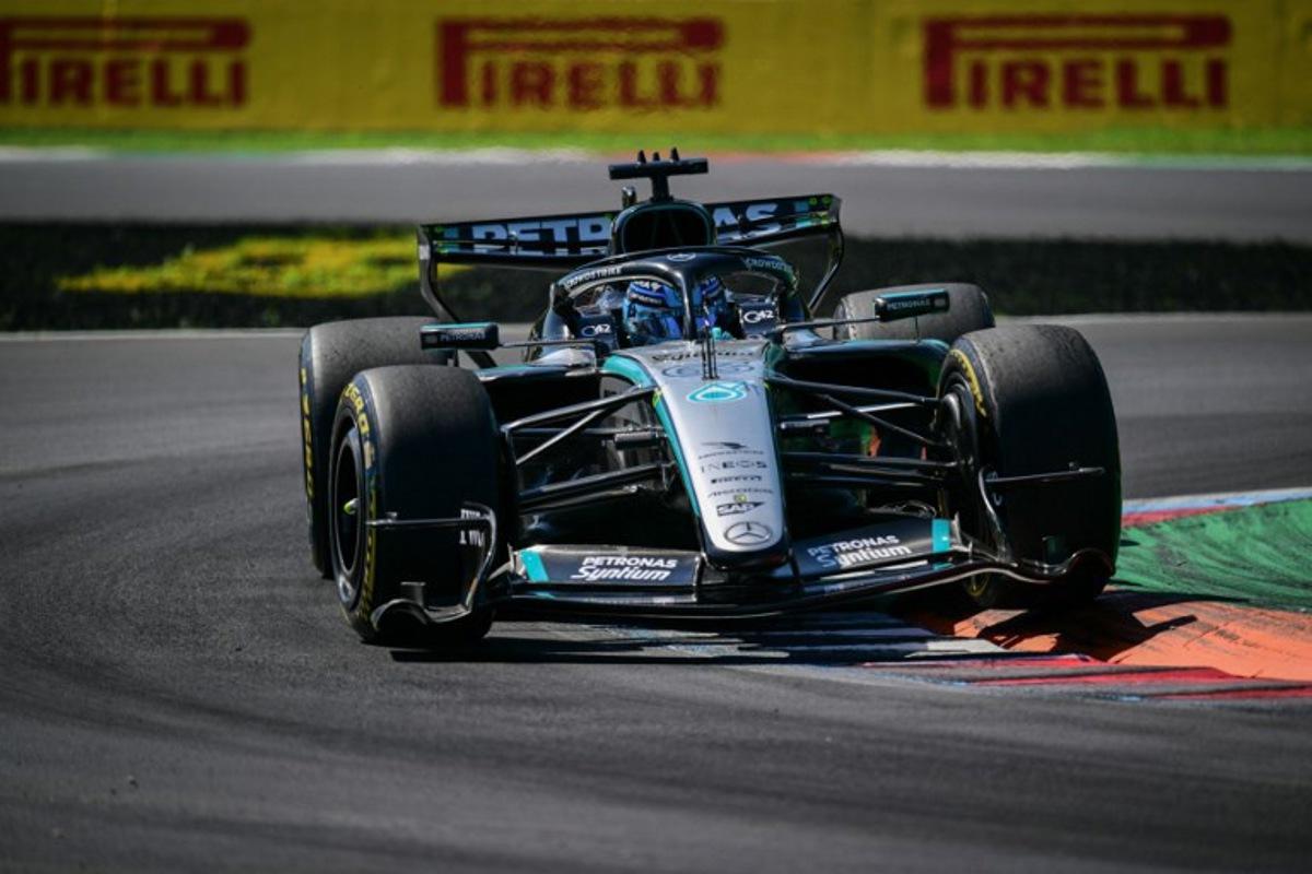 Mercedes' British driver George Russell drives during the first practice session of the Italian Formula One Grand Prix at the Autodromo Nazionale Monza circuit in Monza, northern Italy on September 4, 2026. Andrej ISAKOVIC / AFP