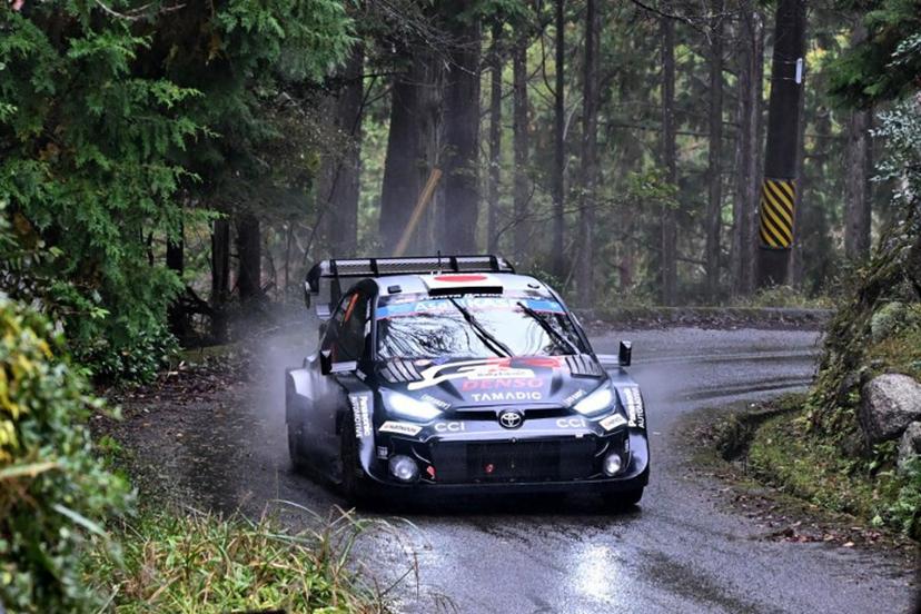 Takamoto Katsuta of Japan and his co-driver Aaron Johnston of Ireland drive their Toyota GR Yaris Rally1 during the SS19 Nukata section of the Rally Japan, the 13th round of the FIA World Rally Championships, in Toyota city, Aichi prefecture on November 9, 2025. Toshifumi KITAMURA / AFP