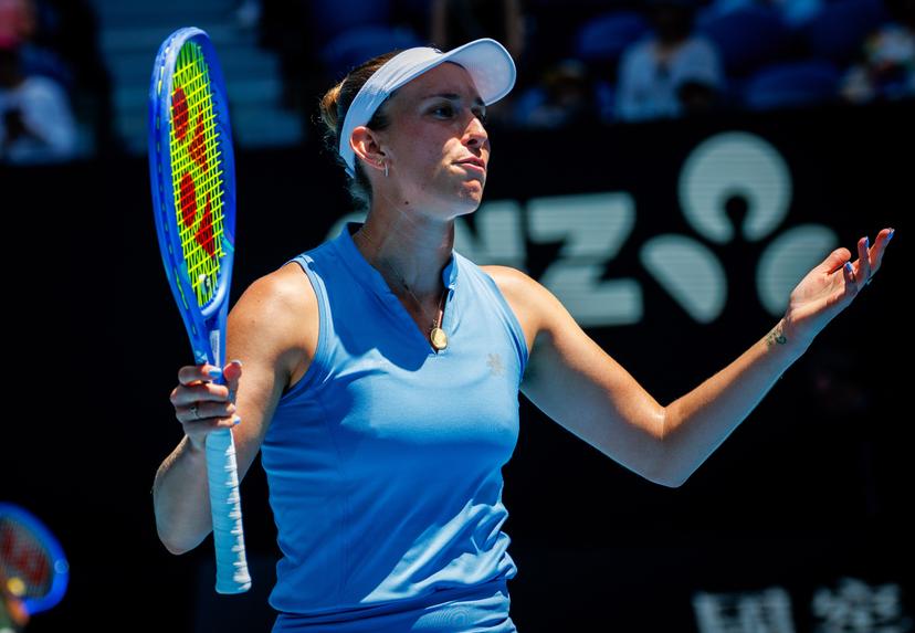 Belgian Elise Mertens pictured during a doubles tennis match between Belgian-Chinese pair Mertens-Zhang and Kazakh/Serbian pair Danilina/Krunic, in the final of the women doubles at the Australian Open, Melbourne Park, Melbourne on Saturday 31 January 2026. BELGA PHOTO PATRICK HAMILTON --- BENELUX ONLY ---