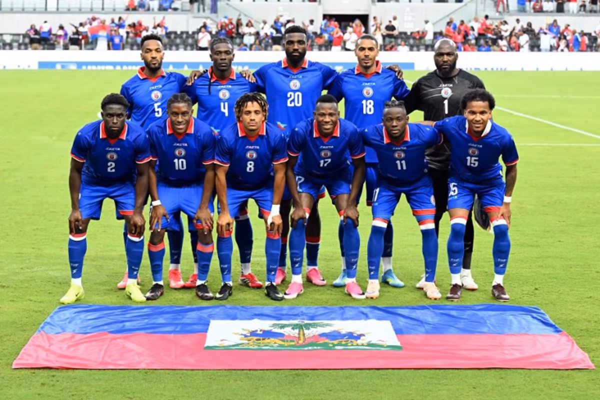 The Haiti national team pose for a photo before the start of an international friendly football match between Haiti and Peru at Nu Stadium in Miami, Florida on June 5, 2026. CHANDAN KHANNA / AFP