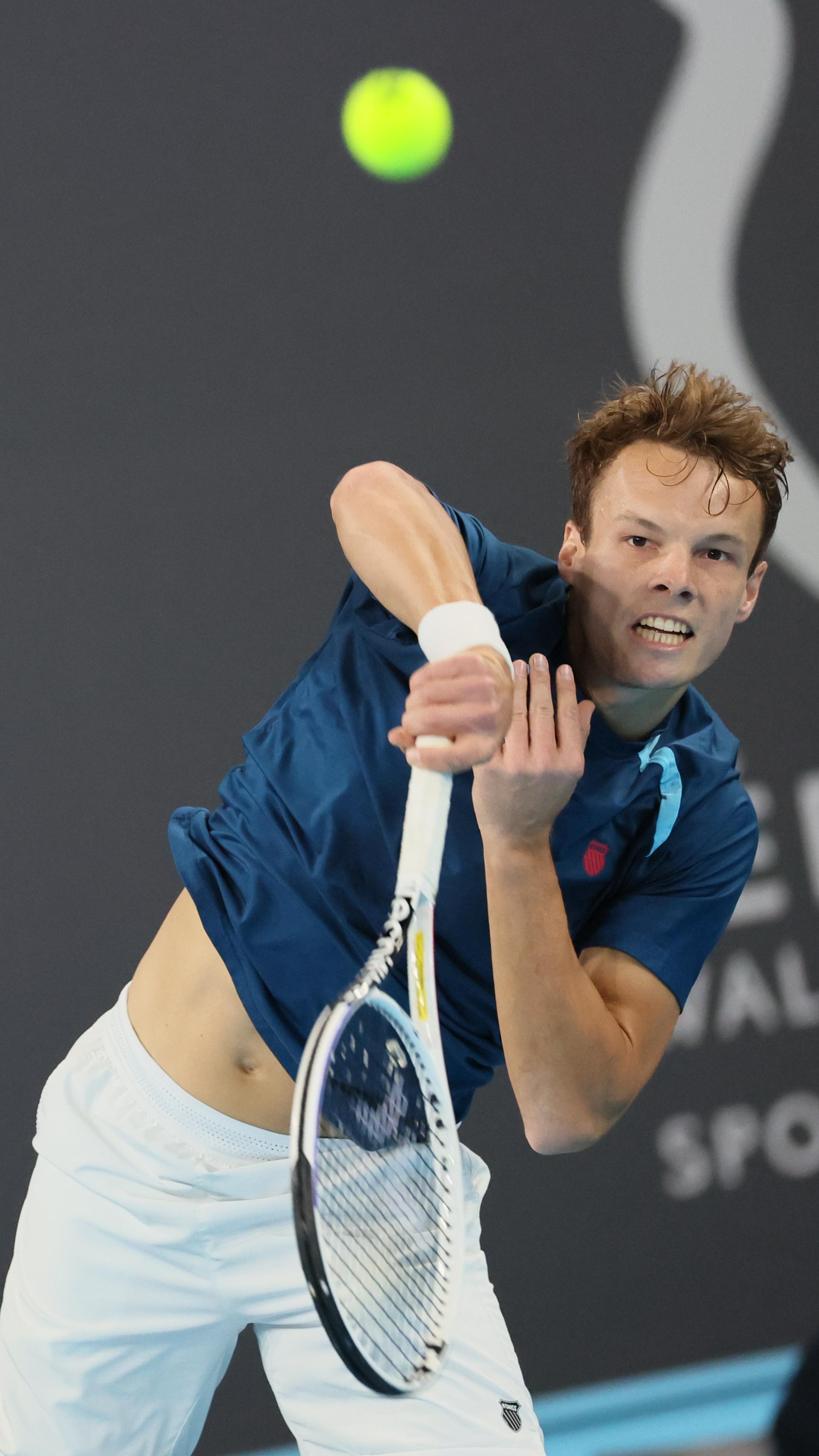Belgian Michael Geerts pictured in action during a tennis match against Canadian Diez, a qualification for the men's singles at the BW Open ATP Challenger 125 tournament, in Louvain-la-Neuve, Monday 22 January 2024. THE BW Open takes place from 22 to 28 January. BELGA PHOTO BENOIT DOPPAGNE