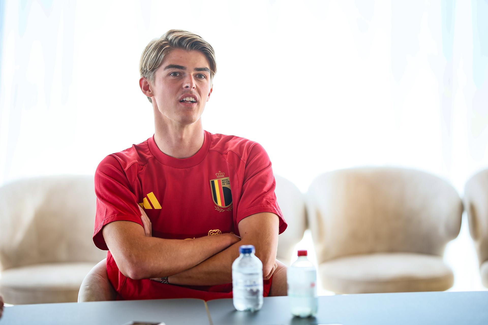 Belgium's Charles De Ketelaere talks to the press during a press conference of the Red Devils, the Belgian national soccer team, at the national training center in Tubize, Wednesday 23 September 2026. The team is preparing for fixtures in the UEFA Nations League competition. BELGA PHOTO BRUNO FAHY