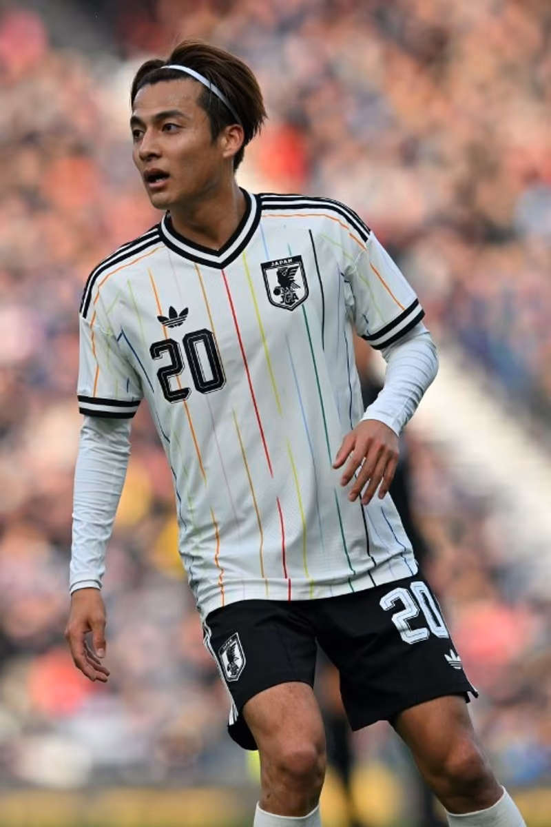Japan's midfielder Kodai Sano looks on during the friendly International football match between Scotland and Japan at Hampden Park, in Glasgow, on March 28, 2026. ANDY BUCHANAN / AFP