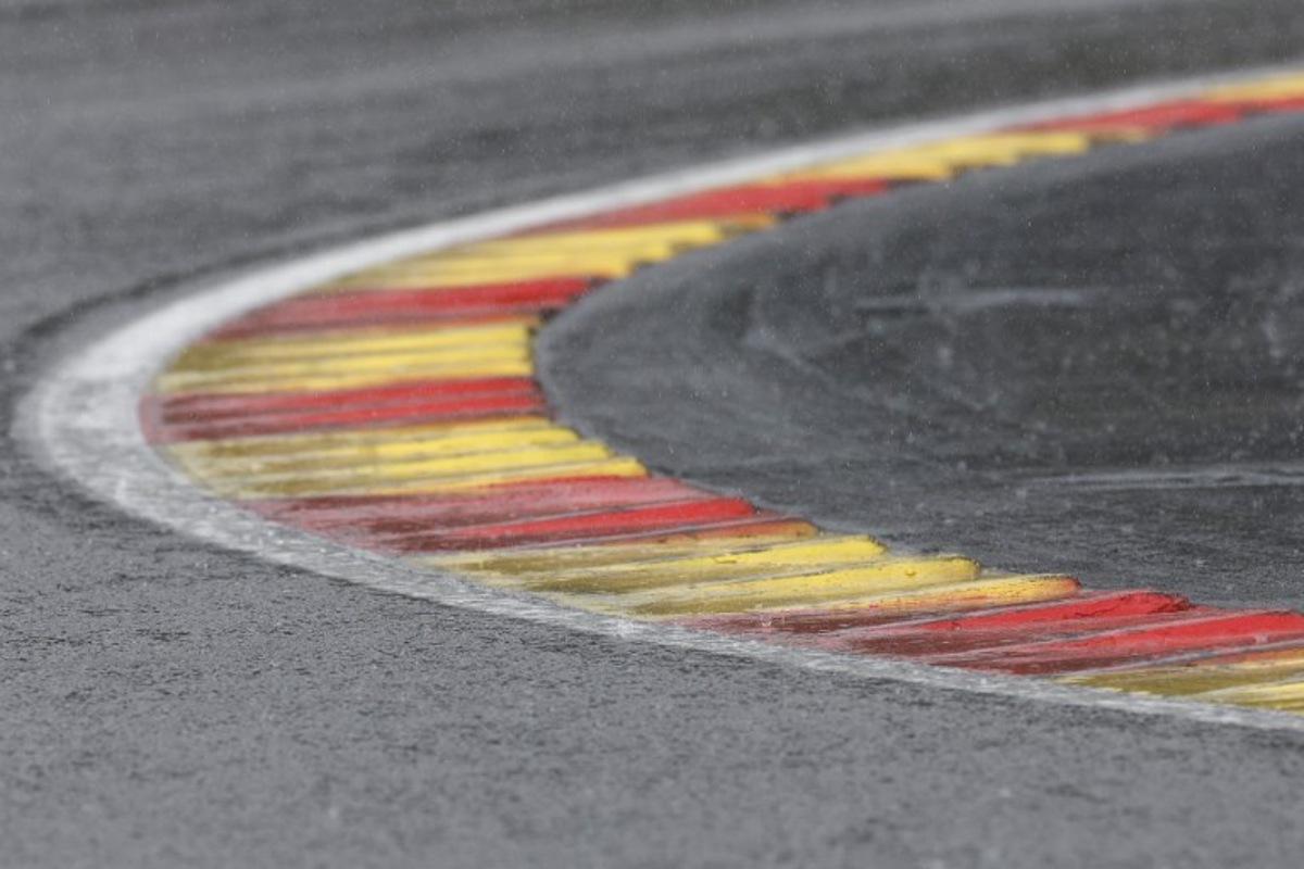 A photo shows the wet track during rain before the sprint shootout ahead of the Formula One Belgian Grand Prix at the Spa-Francorchamps Circuit in Spa on July 29, 2023. Kenzo TRIBOUILLARD / AFP