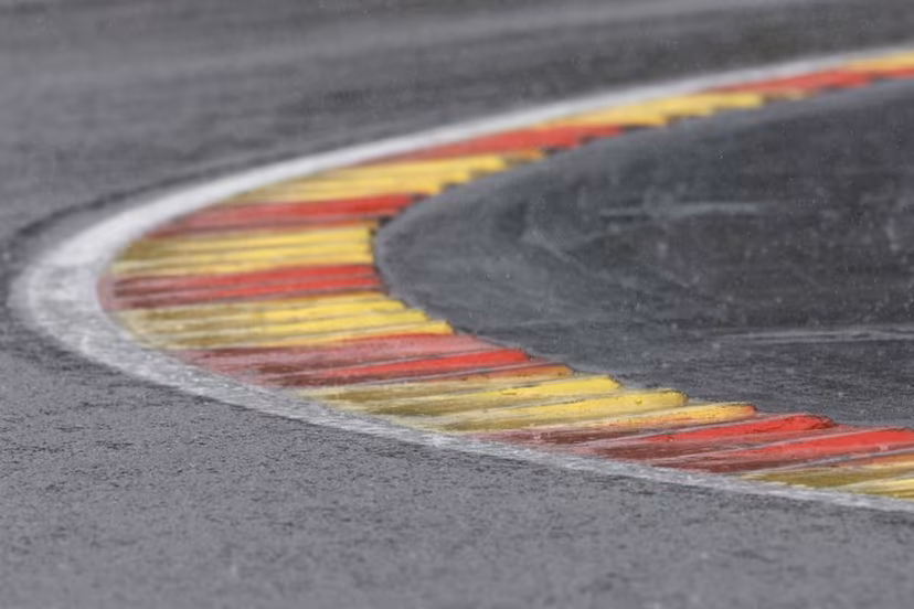 A photo shows the wet track during rain before the sprint shootout ahead of the Formula One Belgian Grand Prix at the Spa-Francorchamps Circuit in Spa on July 29, 2023. Kenzo TRIBOUILLARD / AFP