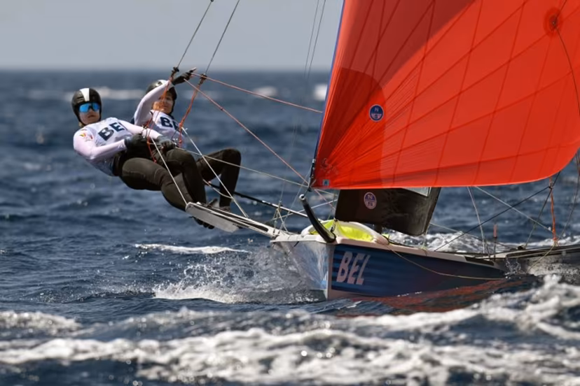 Belgium's duo Isaura Maenhaut and Anouk Geurts compete in Race 7 of the women's 49erFX skiff event during the Paris 2024 Olympic Games sailing competition at the Roucas-Blanc Marina in Marseille on July 30, 2024. NICOLAS TUCAT / AFP