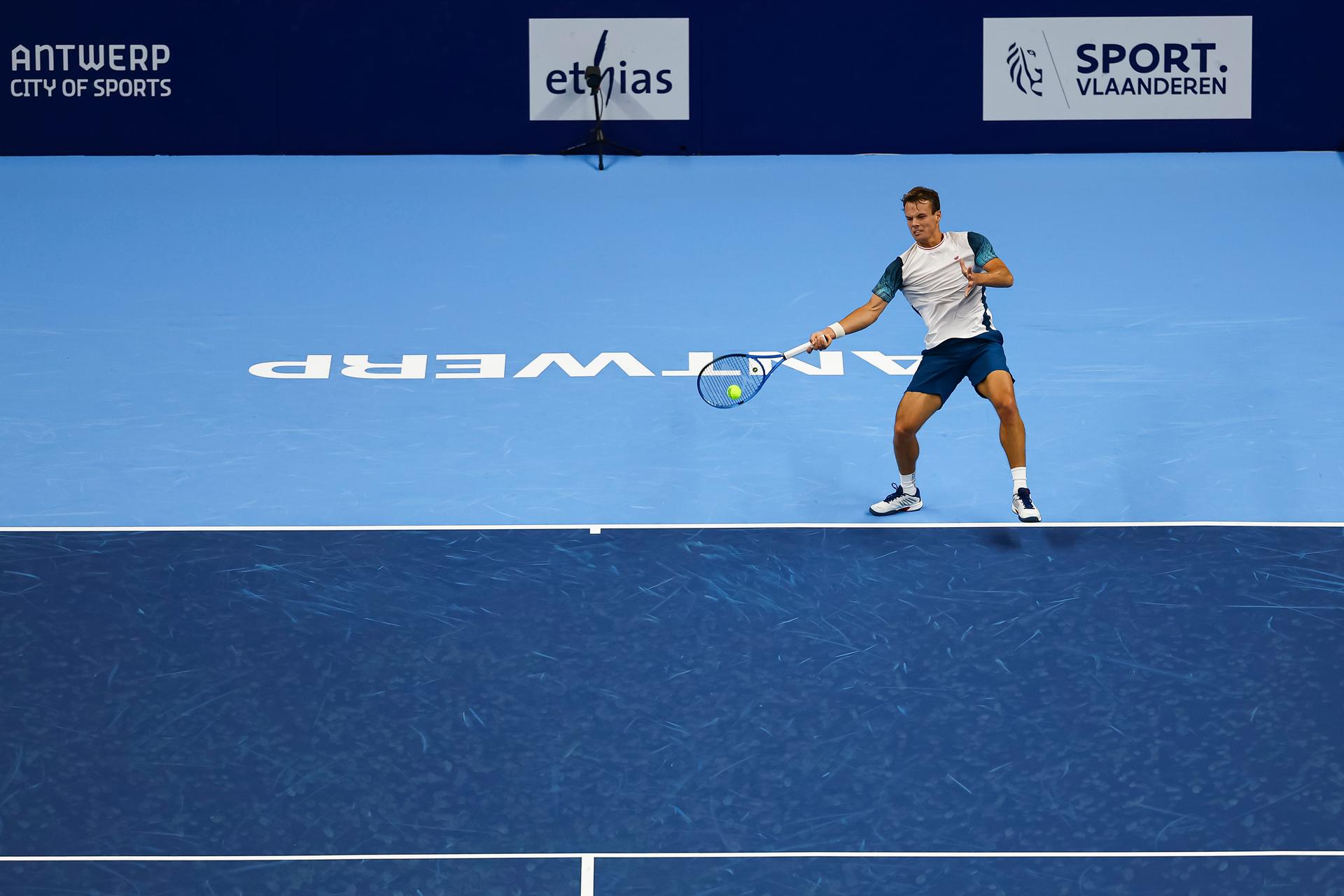 Belgian Michael Geerts pictured in action during the qualifying phase of the European Open Tennis ATP tournament, in Antwerp, Sunday 13 October 2024. BELGA PHOTO DAVID PINTENS