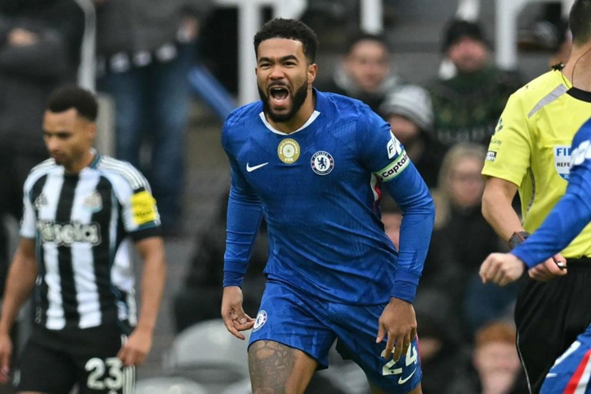 Chelsea's English defender #24 Reece James celebrates after scoring their first goal during the English Premier League football match between Newcastle United and Chelsea at St James' Park in Newcastle-upon-Tyne, north east England on December 20, 2025. ANDY BUCHANAN / AFP
