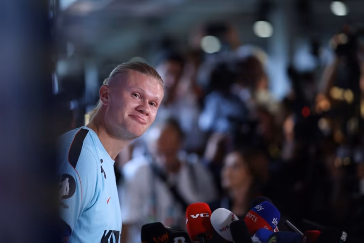 Norway's forward #09 Erling Braut Haaland gives a press conference at the Inter Miami CF Training Facility in Fort Lauderdale on July 9, 2026, during the 2026 World Cup football tournament. PATRICIA DE MELO MOREIRA / AFP