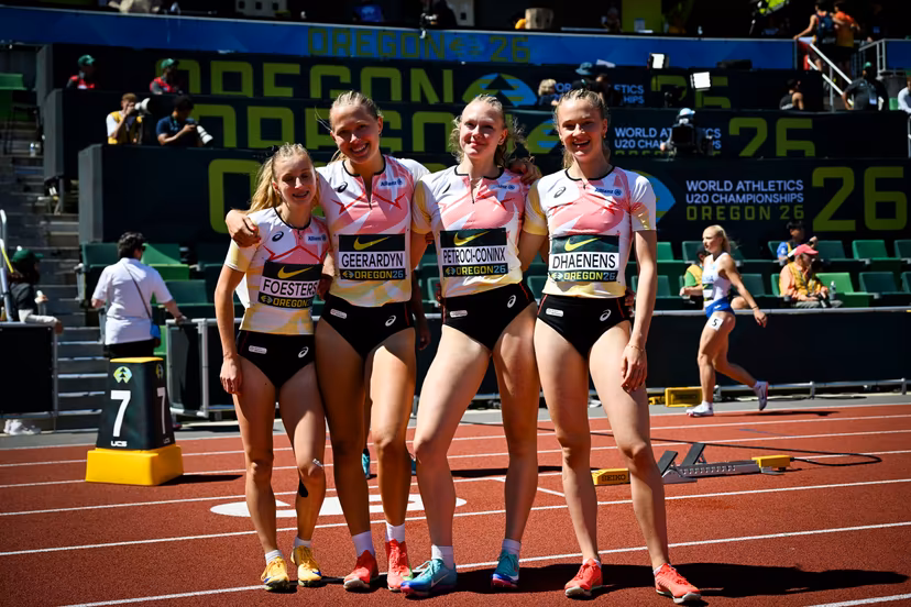 Belgian U20 Lore Foesters (Women's 4x100 Metres Relay); Belgian U20 Martha Geerardyn (Women's 4x100 Metres Relay); Belgian U20 Lauren Petroci-Coninx (Women's 4x100 Metres Relay) and Belgian U20 Ilona Dhaenens (Women's 4x100 Metres Relay) are pictured at the World Athletics U20 Championships, Sunday 9 August 2026, in Eugene, USA. The world championships take place from 5 to 9 August. BELGA PHOTO THOMAS WINDESTAM