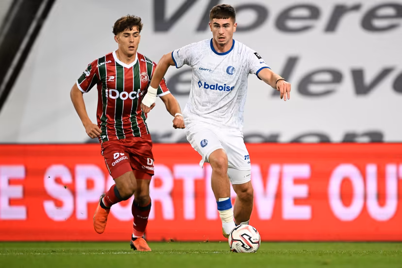 Essevee's Tobias Hedl and Gent's Maksim Paskotsi pictured in action during a soccer match between SV Zulte Waregem and Kaa Gent, Saturday 10 October 2026 in Waregem, on day 8 of the 2026-2027 'Jupiler Pro League' first division of the Belgian championship, in Waregem. BELGA PHOTO JILL DELSAUX