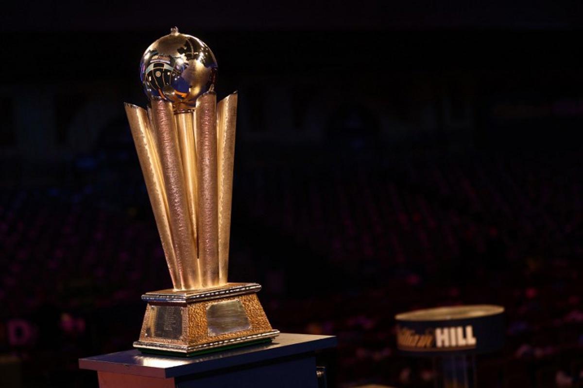 The Sid Waddell trophy, for the WIlliam Hill sponsored PDC World Championship is seen ahead of the PDC World Championship darts final between Scotland's Peter Wright and England's Michael Smith at Alexandra Palace in London on January 3, 2022. Adrian DENNIS / AFP