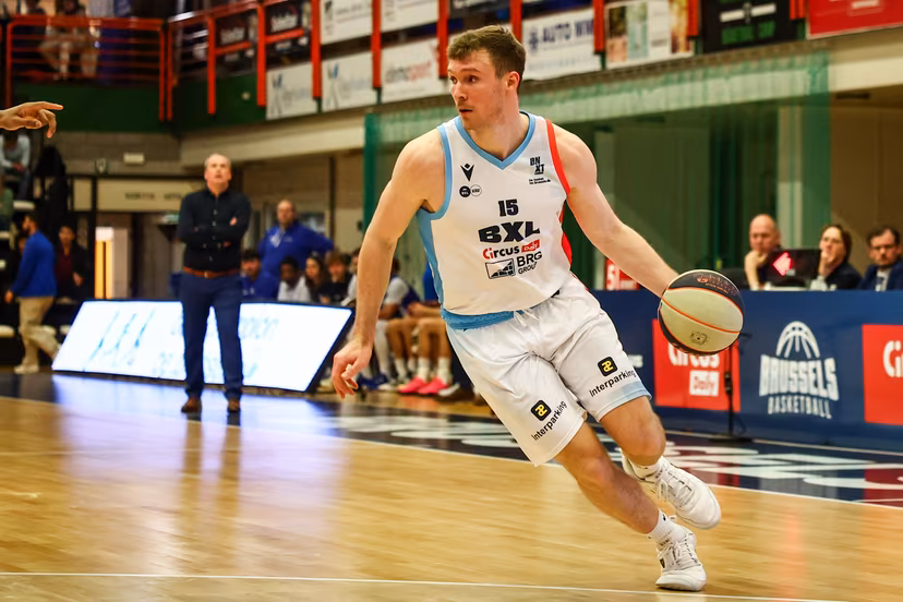 Brussels' Tucker Richardson pictured in action during a basketball match between Brussels Basketball and Kangoeroes Mechelen, Friday 28 March 2025 in Brussels, on day 29 of the 'BNXT League' first division basket championship. BELGA PHOTO DAVID PINTENS