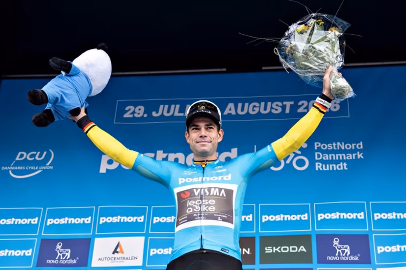 UCI WorldTeam Visma-Lease a Bike's Belgian rider Wout Van Aert celebrates winning on the podium after the 3rd stage of the PostNord Denmark Tour on July 31, 2026 in Fredericia, Denmark. Henning Bagger / Ritzau Scanpix / AFP