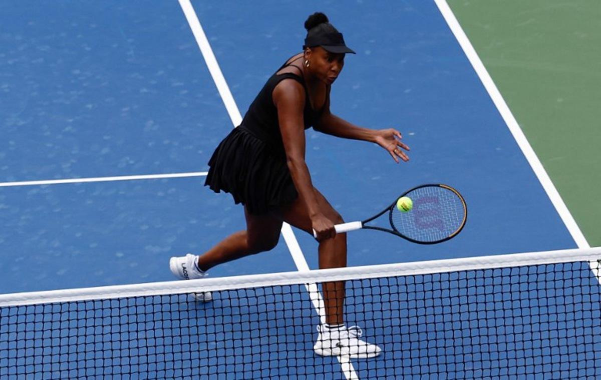 USA's Venus Williams plays a shot during the women's doubles quarterfinal match with Canada's Leylah Fernandez against USA's Taylor Townsend and Czech Republic's Kateřina Siniaková at the US Open tennis tournament at the USTA Billie Jean King National Tennis Center in New York City on September 2, 2025. Kena Betancur / AFP