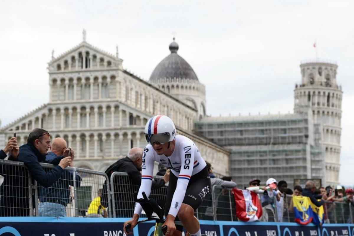 Ineos Grenadiers' British rider Joshua Tarling finishes the 10th stage of the 108th Giro d'Italia cycling race of 28.6kms individual time-trial from Lucca to Pisa on May 20, 2025. Luca Bettini / AFP