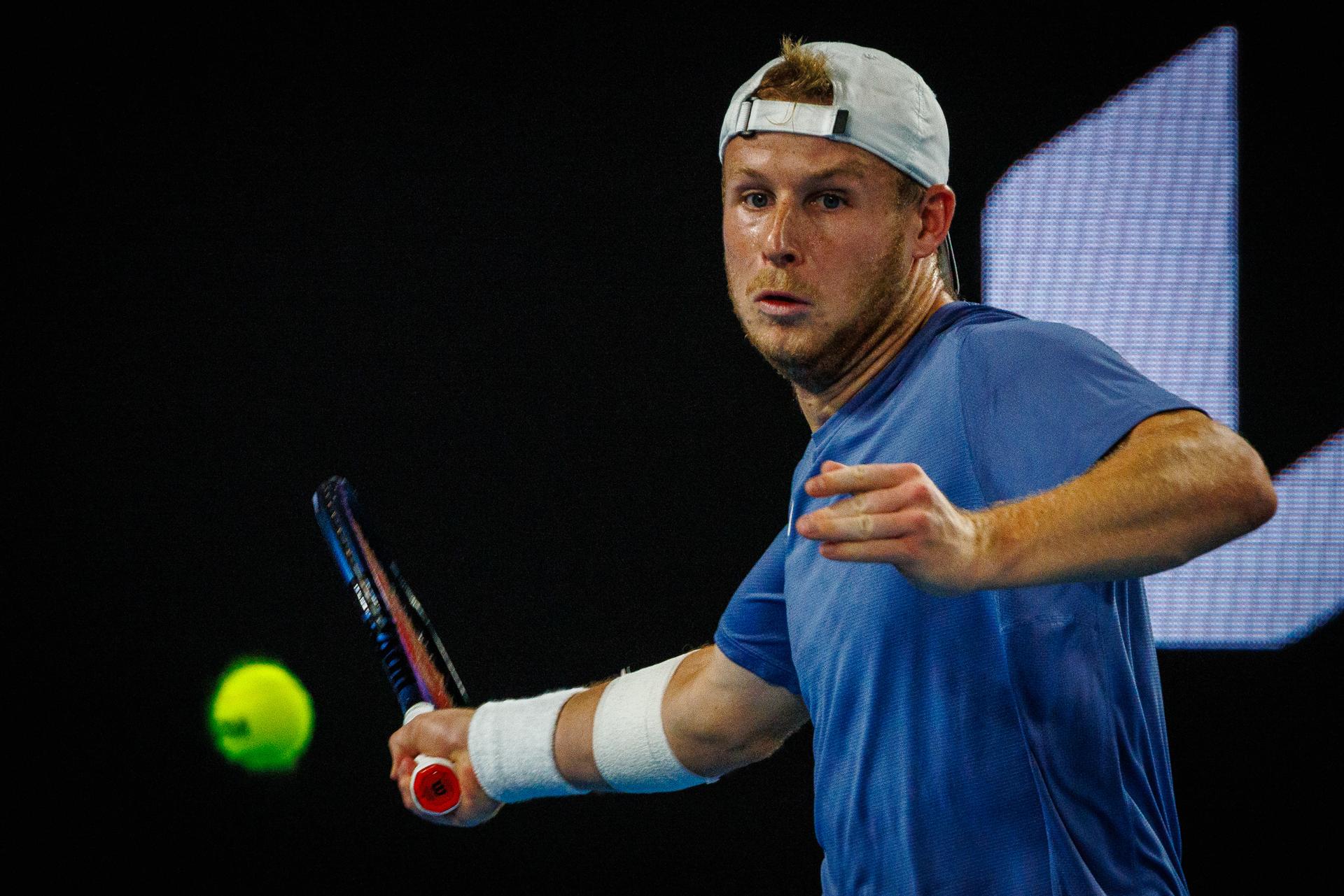 Belgian Gauthier Onclin pictured in action during a men's singles first round game between Belgian Onclin and American Opelka, at the 'Australian Open' Grand Slam tennis tournament, Sunday 12 January 2025 in Melbourne Park, Melbourne, Australia. The 2025 edition of the Australian Grand Slam takes place from January 12th to January 26th. BELGA PHOTO PATRICK HAMILTON