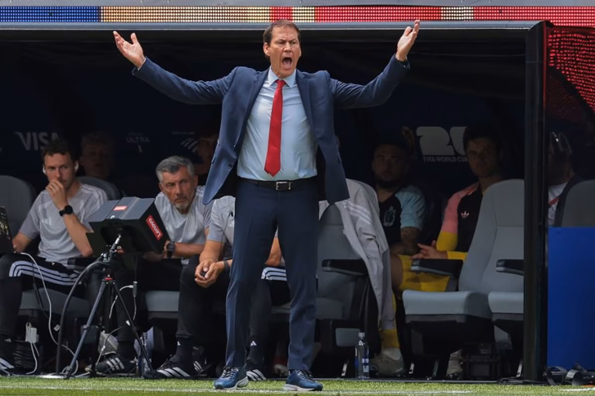 Belgium's French head coach Rudi Garcia gestures on the touchline during the 2026 World Cup football tournament quarter-final match between Spain and Belgium at the Los Angeles Stadium in Inglewood on July 10, 2026. Etienne LAURENT / AFP
