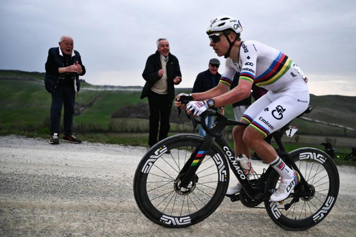 UAE Team Emirates's Slovenian Tadej Pogacar leads during the 20th one-day classic 'Strade Bianche' (White Roads) men's cycling race between Siena and Siena in Tuscany on March 7, 2026. Marco BERTORELLO / AFP