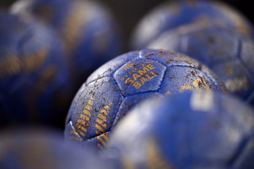 Official balls are pictured prior the women's Handball Olympic qualifying match between Montenegro and Slovenia in Neu-Ulm, southern Germany on April 14, 2024. Kirill KUDRYAVTSEV / AFP