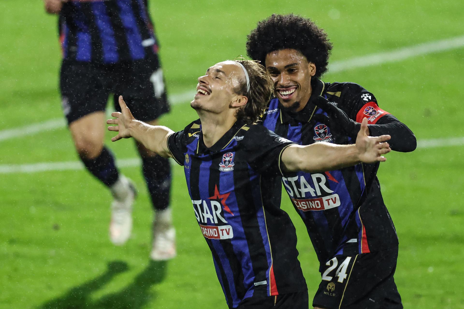 Dender's Krzysztof Koton celebrates after scoring during a soccer match between FCV Dender EH and Club NXT, Friday 9 October 2026 in Denderleeuw, on day 7 of the 2026-2027 'Challenger Pro League' 1B second division of the Belgian championship. BELGA PHOTO BRUNO FAHY