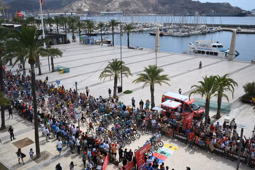 Cyclists ride at the start of the 11th stage of the Vuelta a Espana 2026 cycling tour, a 151,3 km race between Cartagena and Lorca, on September 2, 2026. JOSE JORDAN / AFP