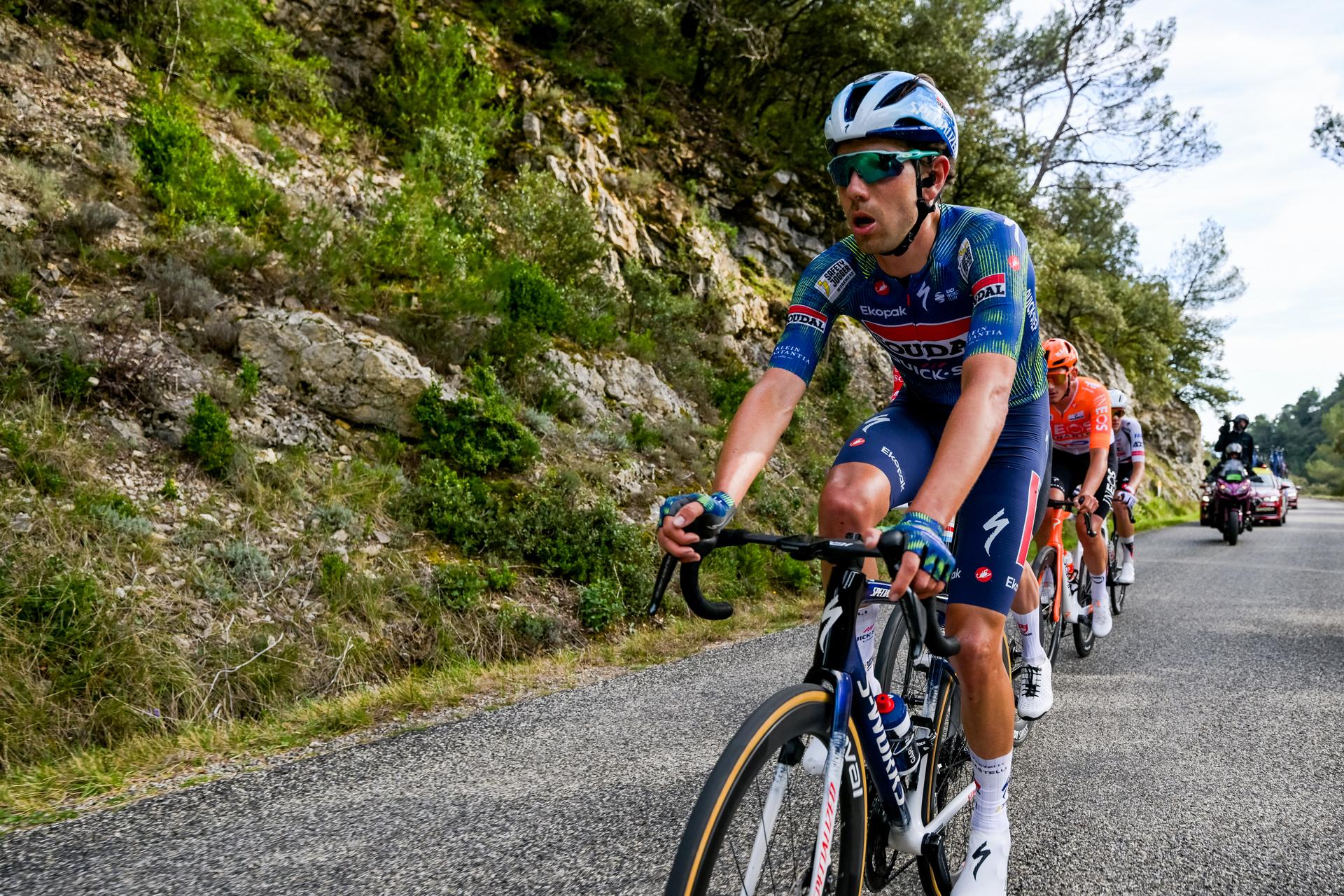Belgian Steff Cras of Soudal Quick-Step pictured in action during the sixth stage of 84th edition of the Paris-Nice cycling race, a race from Barbentane to Apt (179,3 km), on Friday 13 March 2026. BELGA PHOTO DAVID PINTENS