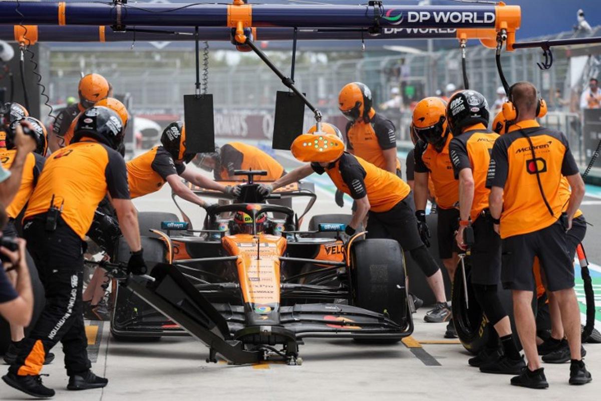 McLaren's Australian driver Oscar Piastri stops in pit lane during a practice session for the 2025 Miami Formula One Grand Prix at Miami International Autodrome in Miami Gardens, Florida, on May 2, 2025. CHARLY TRIBALLEAU / AFP