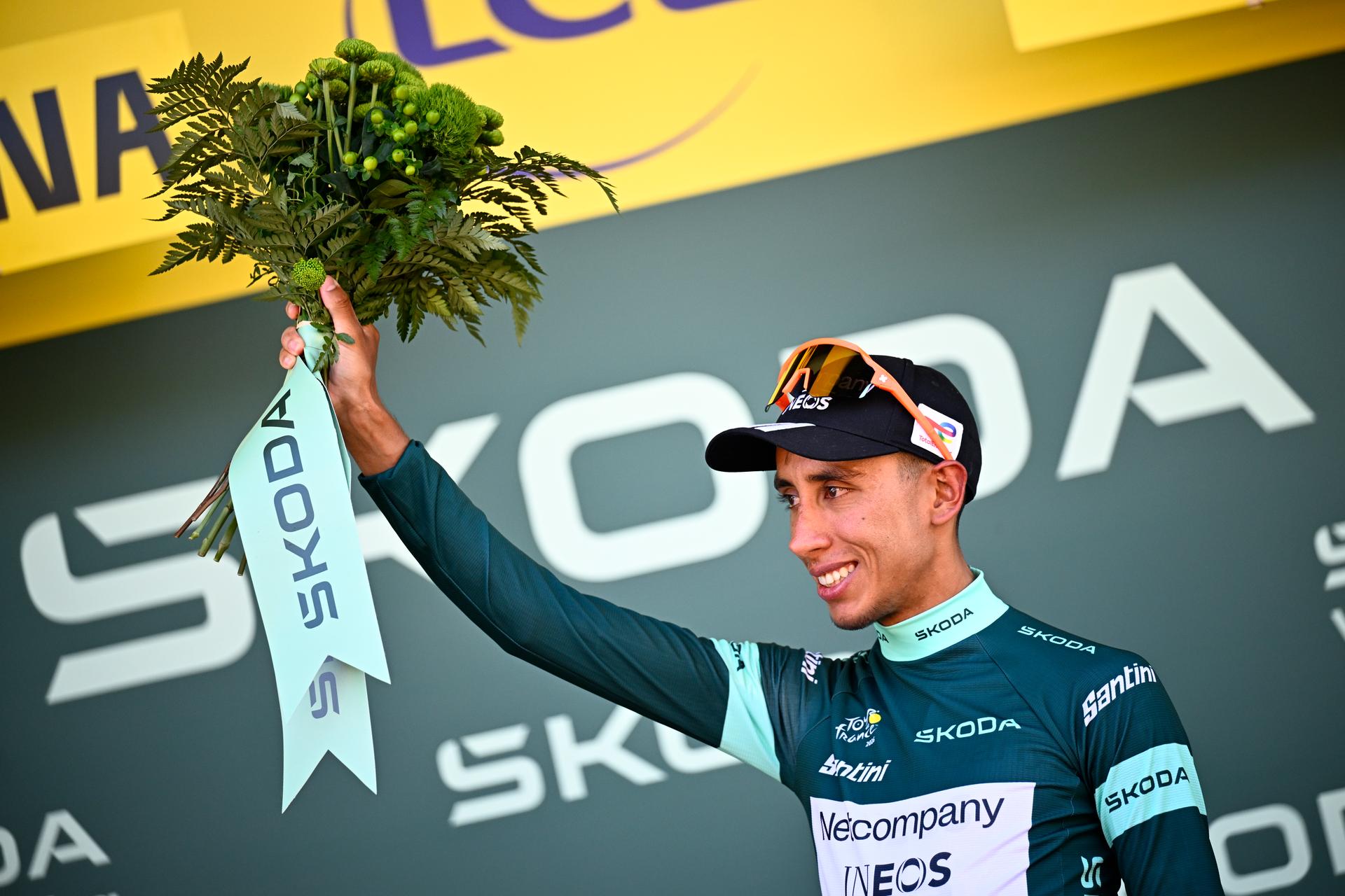 Colombian Egan Bernal of Netcompany-INEOS celebrates on the podium in the green jersey of leader in the sprint ranking after the first stage of the 2026 Tour de France cycling race, a team time trial of 19km with start and finish in Barcelona, Spain, Saturday 04 July 2026. The 113th edition of the Tour de France starts on Saturday 4 July in Barcelona, Spain, and will finish in Paris, France on the 26th of July. BELGA PHOTO JASPER JACOBS