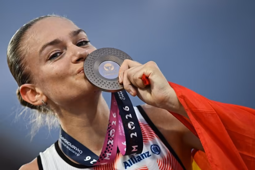 Bronze medallist Belgium's Jana van Lent celebrates after competing in the women's 10,000m final during the European Athletics Championships at Alexander Stadium in Birmingham on August 14, 2026. Paul ELLIS / AFP