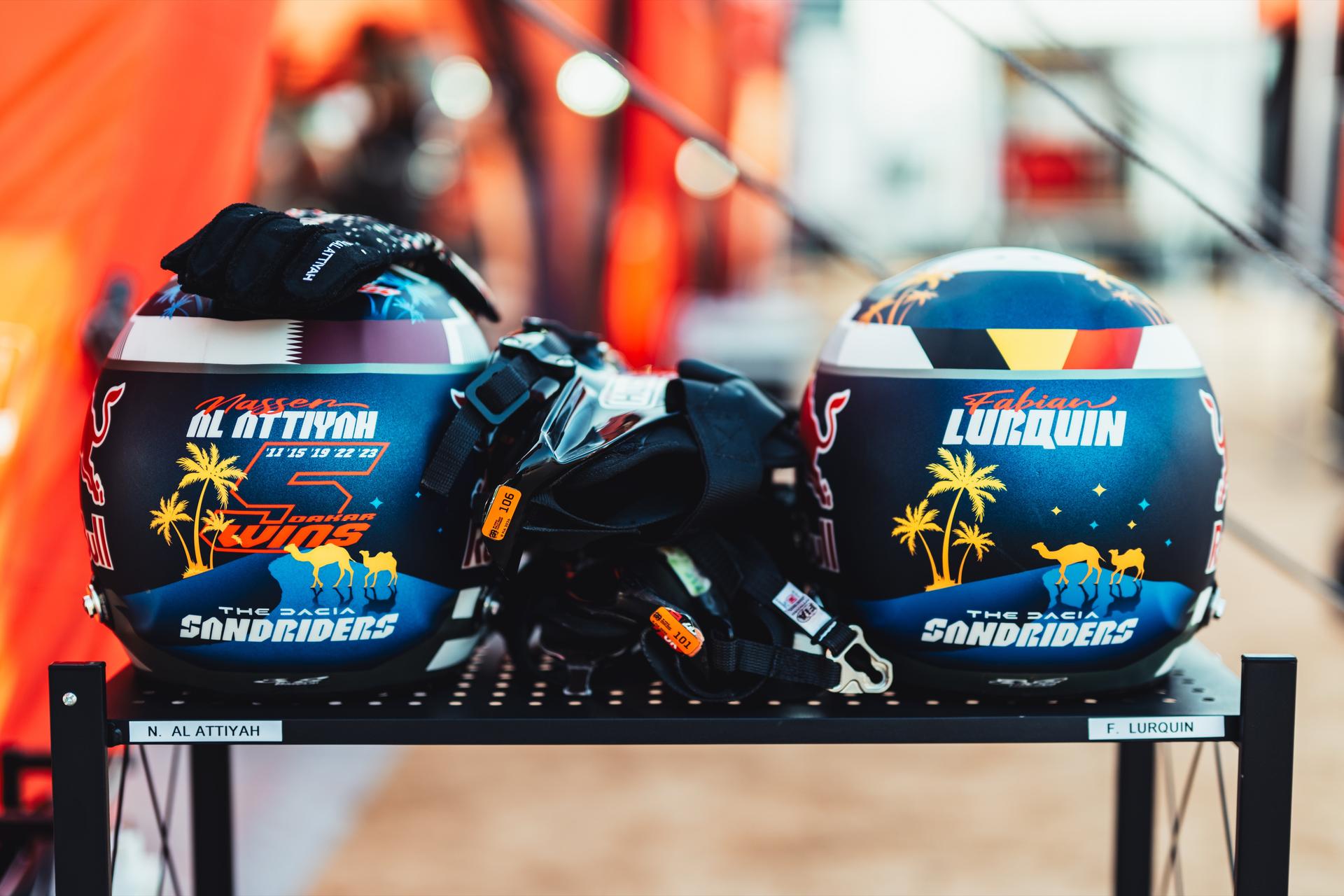 ATTENTION EDITORS - HAND OUT PICTURES - EDITORIAL USE ONLY - MANDATORY CREDIT: The Dacia Sandriders Hand out picture released by Eric Dupain shows the helmet of Nasser Al-Attiyah and Fabian Lurquin during stage 2 of the 2026 Dakar rally race in AlUla, Saoudi Arabia on Monday 05 January 2026. *** Belga and Belga Editorial Board decline all responsibility regarding the content of this picture. *** BELGA PHOTO HAND OUT THE DACIA SANDRIDERS