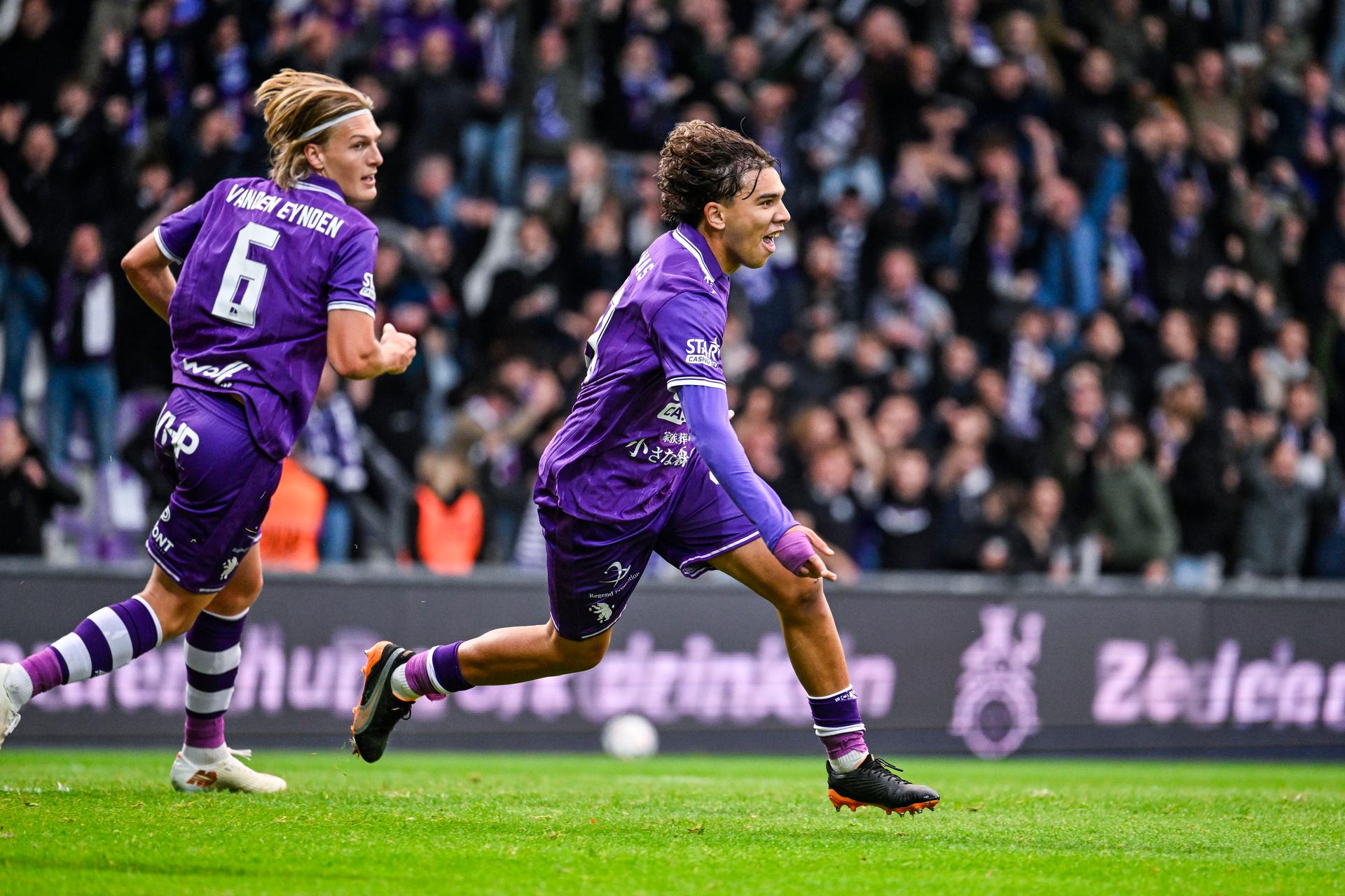 Anas Haj Mohamed, of Beerschot VA celebrates after scoring during a soccer match between Beerschot VA and RSC Anderlecht, Sunday 18 October 2026 in Antwerp, in the 1/16 final of the Croky Cup Belgian cup competition. BELGA PHOTO TOM GOYVAERTS