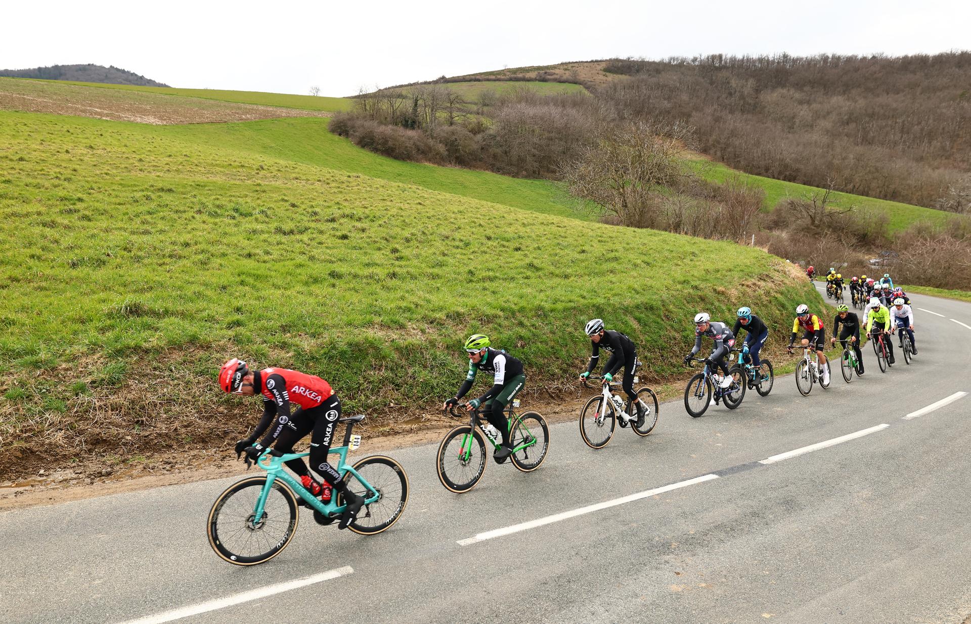 Australian Miles Scotson of Arkea-BB Hotels, Spanish Joel Nicolau of Caja Rural-Seguros RGA and Uruguayan Thomas Silva of Caja Rural-Seguros RGA pictured in action during stage five of the 83th edition of the Paris-Nice cycling race, 196,5 km from Saint-Just-en-Chevalet to La Cote-Saint-Andre, France, Thursday 13 March 2025. BELGA PHOTO DAVID PINTENS