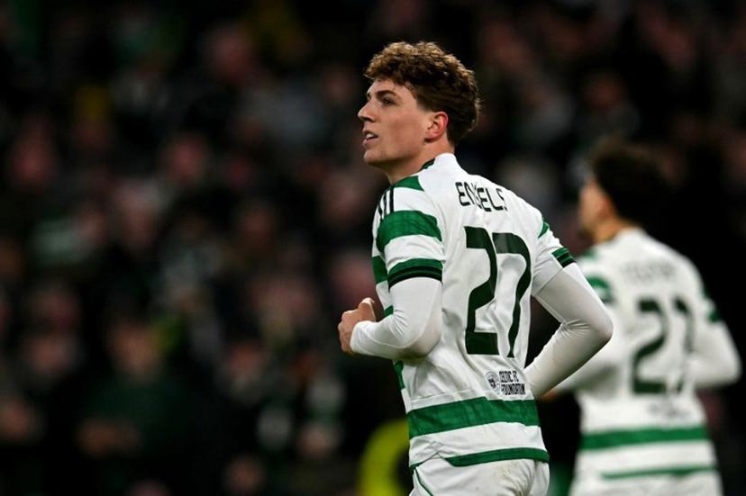 Celtic's Belgian midfielder #27 Arne Engels celebrates scoring the team's third goal during the UEFA Europa League league-stage football match between Celtic and FC Utrecht at Celtic Park in Glasgow on January 29, 2026. ANDY BUCHANAN / AFP