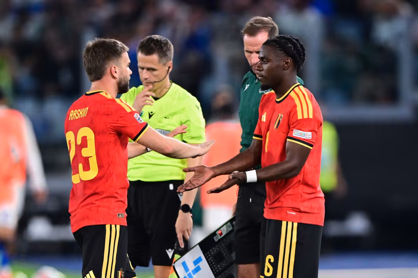 Belgium's Nicolas Raskin and Belgium's Romeo Lavia pictured during a soccer game between the Red Devils, the Belgian national soccer team and Italy for the opening game of the UEFA Nations League, in Rome, on Friday 25 September 2026. BELGA PHOTO DIRK WAEM