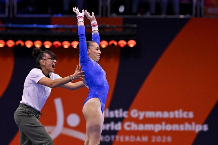 Algeria's Kaylia Nemour reacts as she competes in the Women's Uneven Bars Final during the 54th FIG Artistic Gymnastics World Championships, in Rotterdam, southern Netherlands, on October 24, 2026. JOHN THYS / AFP