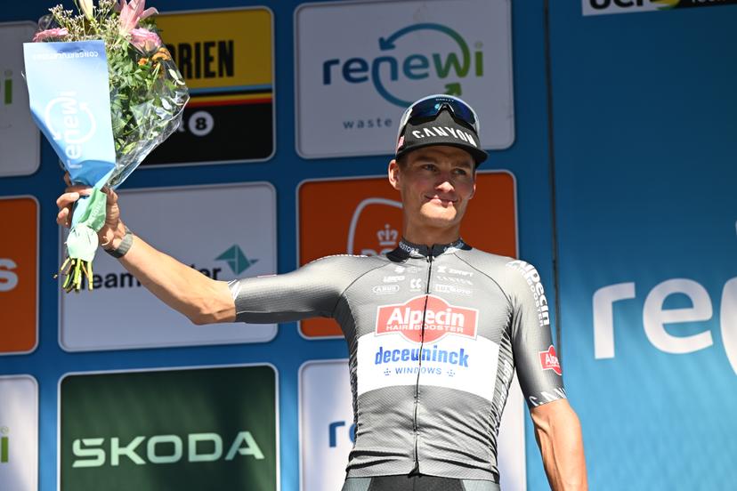 Dutch Mathieu van der Poel of Alpecin-Deceuninck pictured on the podium after the fifth and last stage of the 'Renewi Tour' multi-stage cycling race, 185km from and to Leuven on Sunday 24 August 2025. The five-day race takes place in Belgium and the Netherlands. BELGA PHOTO DAVID PINTENS