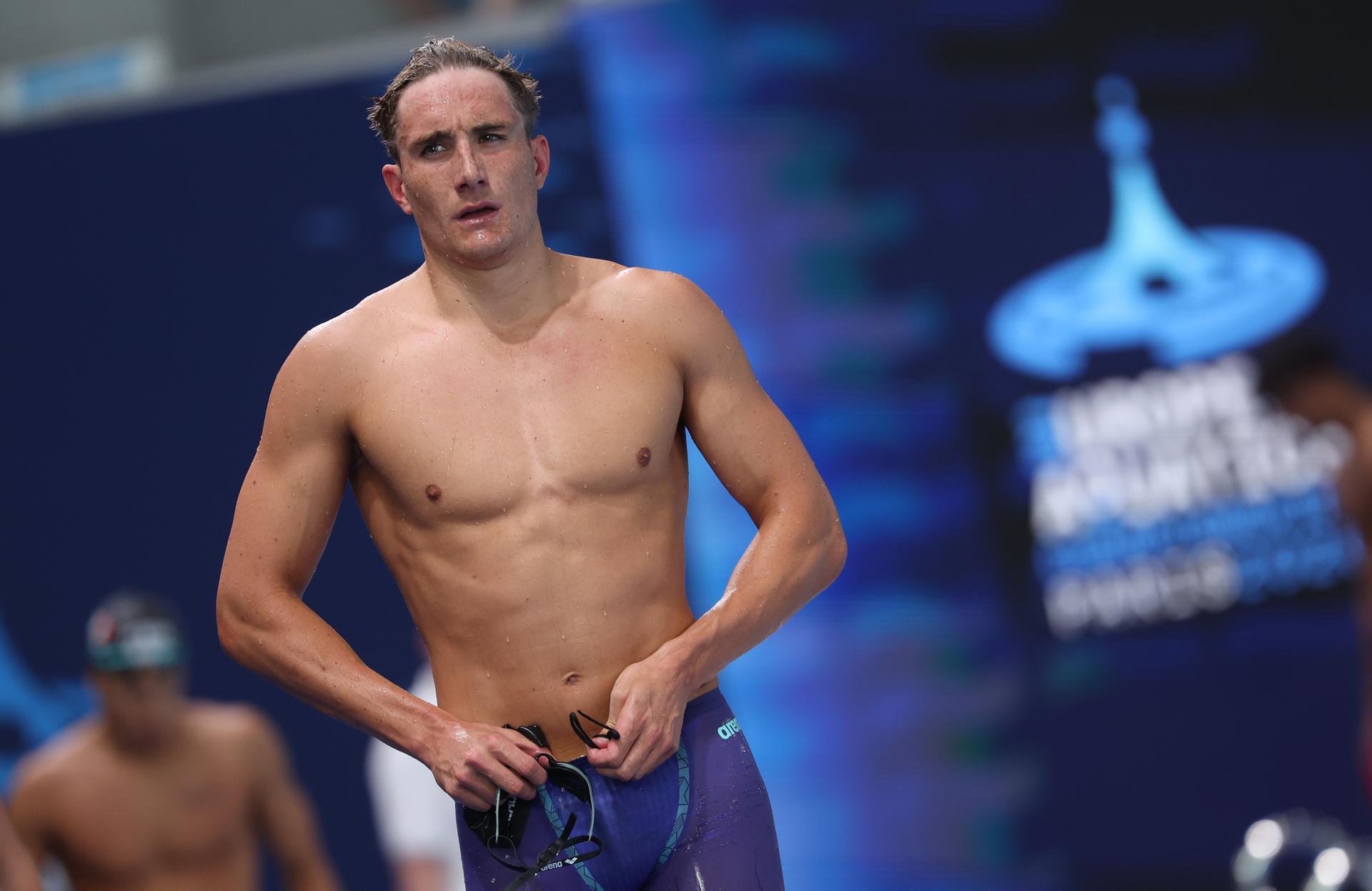 Belgian athlete Lucas Henveaux pictured after the heats of the Men's 400 m freestyle race on the last day of the European Aquatics Championships in Paris, France on Sunday 16 August 2026. BELGA PHOTO VIRGINIE LEFOUR